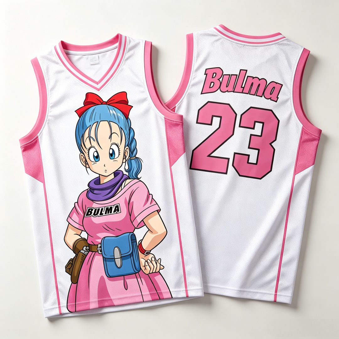 Basketball Arcade Game - เสื้อบาสเก็ตบอลดราก้อนบอล บลูม่า หมายเลข 23 สำหรับผู้หญิง พิมพ์ลาย