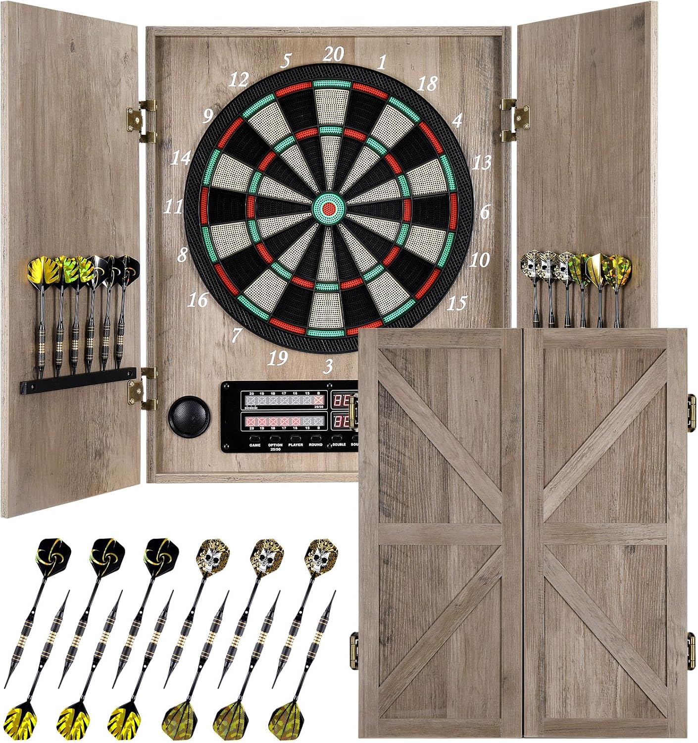Electronic Dartboard Cabinet - กระดานปาลูกดอกอิเล็กทรอนิกส์, ตู้กระดานปาลูกดอกตกแต่งสำหรับผู้ใหญ่ | [ลูกดอกปลายอ่อนสีบรอนซ์ 12 ชิ้น]
